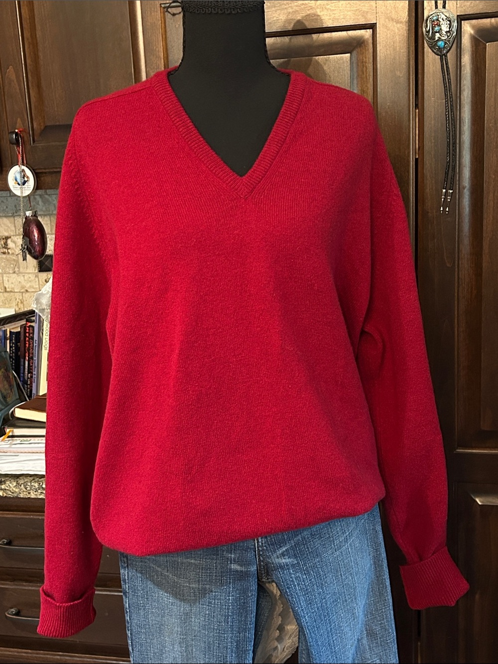 1980’s Alan Paine Sz 44 Red V-Neck Lambswool Sweater